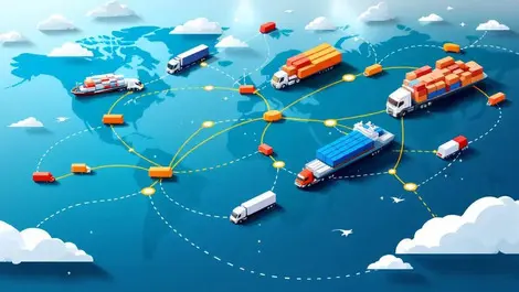 Modern trucks cargo ships global supply chains transportation routes map