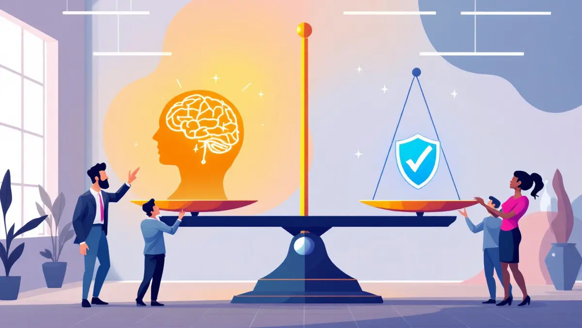 Businesspeople balancing glowing ai brain and ethical symbols in office