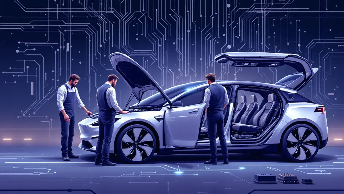 Engineers examining modern electric car open hood surrounded by circuit boards collaboration technology