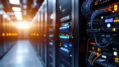 Realistic photo high tech server rack connected cables power distribution data center