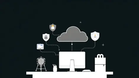 Small business office computers cloud shield icons digital protection ai cybersecurity