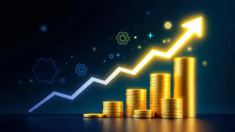 Golden coin stacks with glowing bar graph arrow and digital gears symbolizing financial growth and automation efficiency
