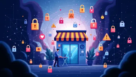 Small business office digital locks warning symbols shadowy web threats security