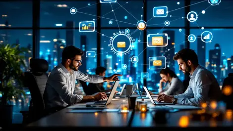 Modern dubai office business people digital devices chat icons network lines