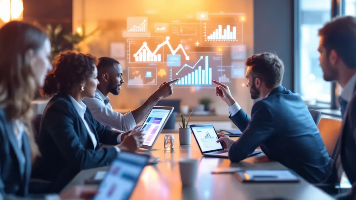 Business meeting professionals laptops tablets digital graphs charts online advertising performance roi