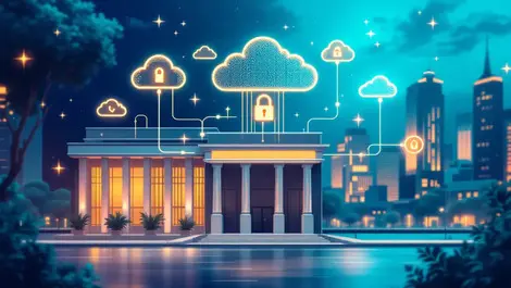 Modern bank building with secure digital data streams clouds thailand cityscape