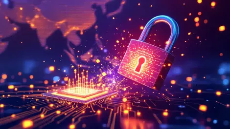Digital padlock shattered by glowing quantum chip asia pacific map encryption vulnerability