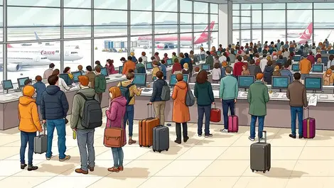 Frustrated travelers long lines european airport checkin counters