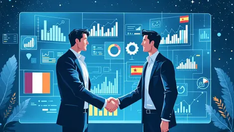Business people handshake digital interfaces charts france spain acquisition
