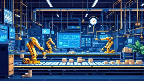 Modern factory floor robotic arms assembling products digital screens automation