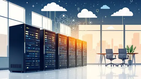 Office servers fading away digital cloud icons modern office transition to cloud solutions