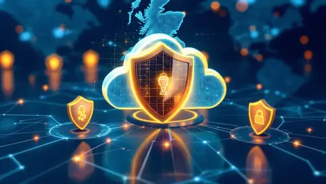 Realistic cloud servers with digital shields network map uk ireland north america cybersecurity