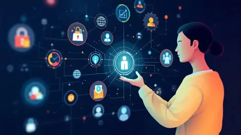 Human figure interacting with digital interface ai marketing automation data nodes