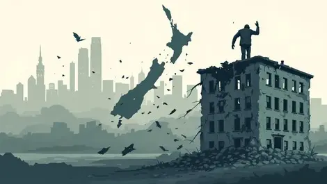Illustration crumbling building new zealand symbol organizational decline financial distress muted colors