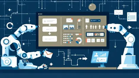 Robotic arms digital interfaces automating office tasks emails calls workflow