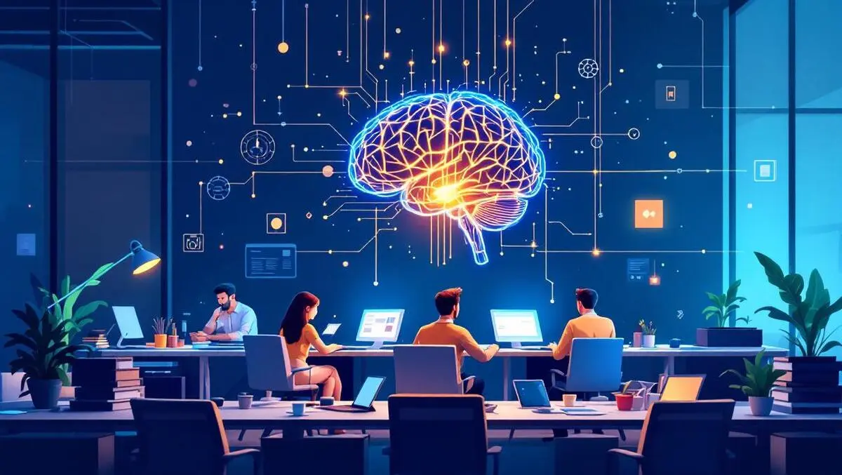 Office workspace employees using computers glowing digital brain ai integration
