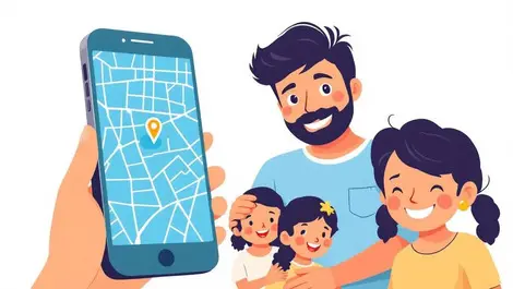 Indian family smiling with smartphone showing map location pin safety