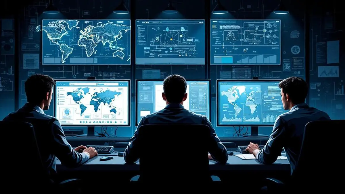 Anxious security professionals working late monitoring network diagrams