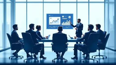 Realistic illustration business executives high tech conference table security presentation