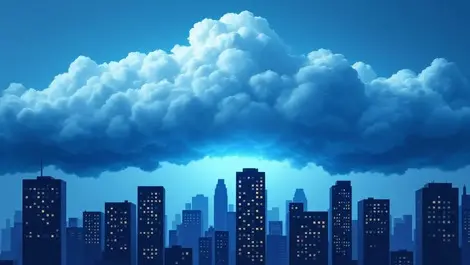 Large imposing cloud hovering over city skyline darkened buildings cloud outage disruption