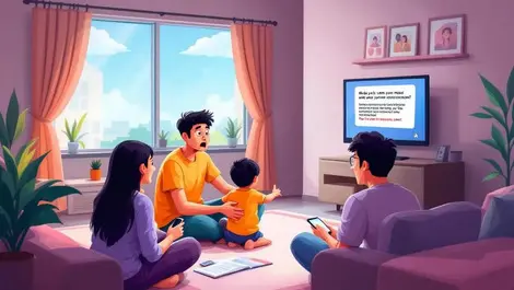 Malaysian family in living room watching tv alarmed by online scam alerts