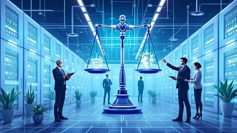 Humanoid robots business professionals high tech data center servers balancing scales ethics technology