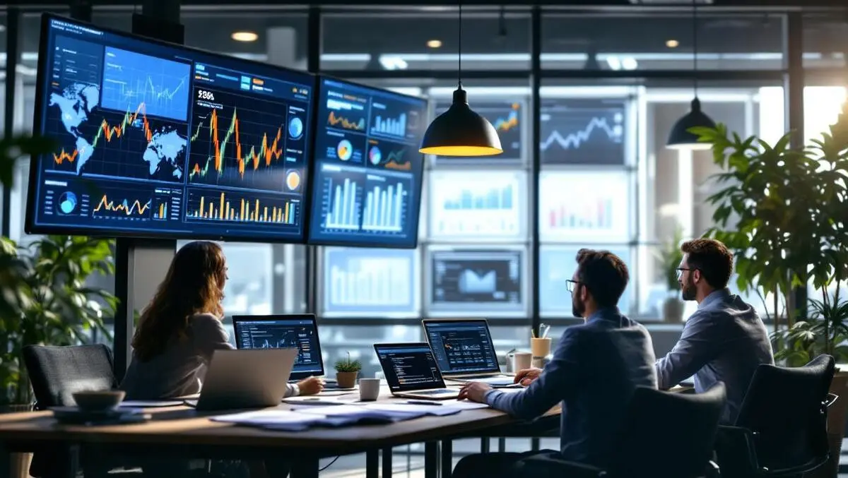 Modern office professionals analyzing digital data charts finance automation