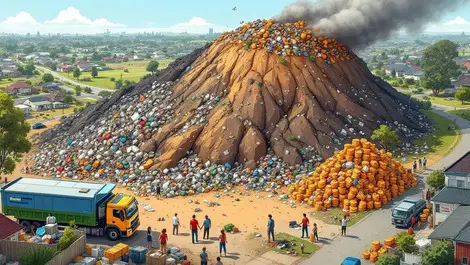 Overflowing landfill piles household waste collection trucks confused people australian suburban