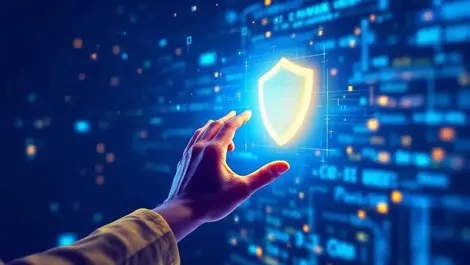 Developers hand reaching glowing shield protecting ai software code security