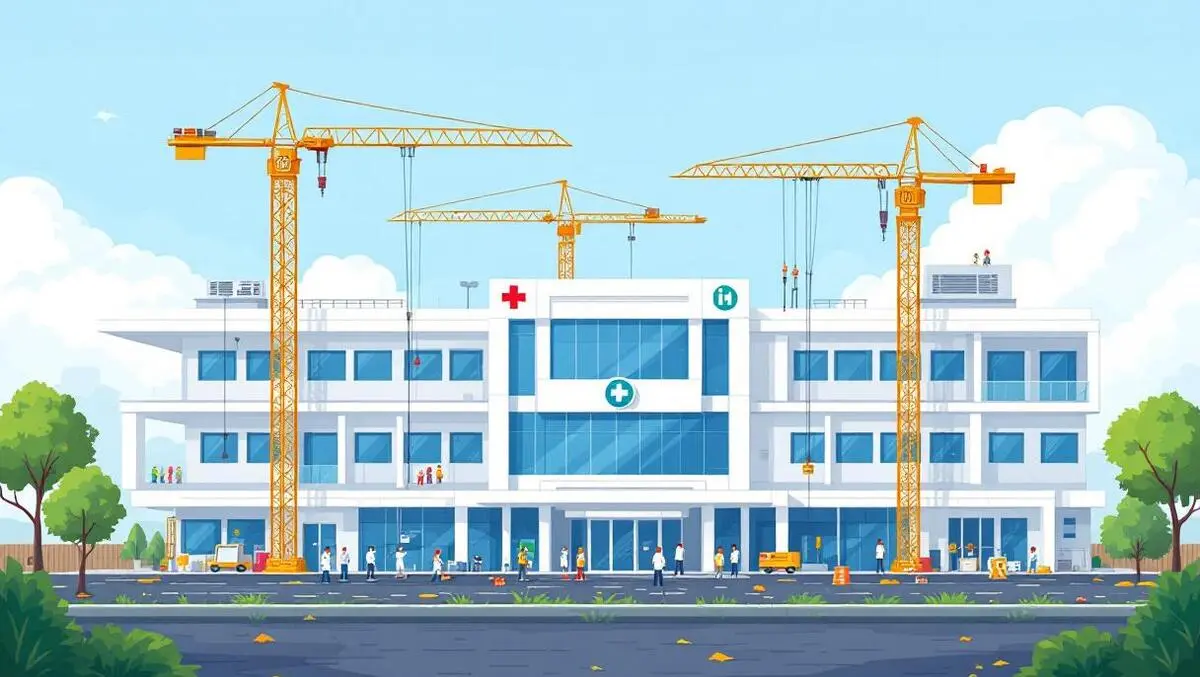 Modern healthcare technology campus construction andhra pradesh cranes equipment workers
