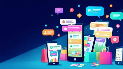 Colorful smartphones chat bubbles shopping icons digital devices bags