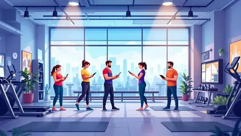 Modern fitness club gym interior australia teamwork staff trainers using tablets