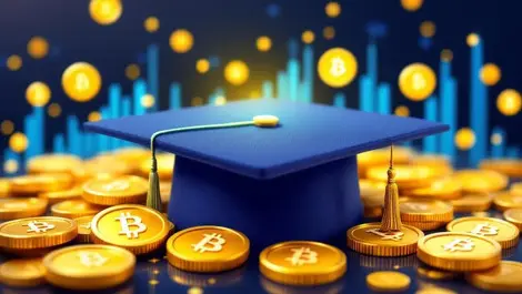 Blockchain education finance graduation cap golden coins digital graphs