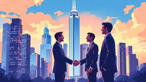 Professional modern business leaders shaking hands dallas skyline corporate growth partnership