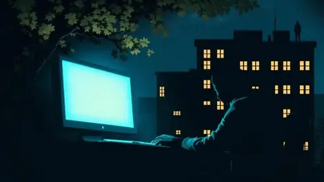 Dark office building night glowing computer shadowy figure cyberattack