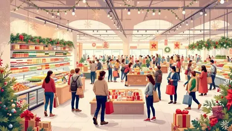 Realistic bustling australian supermarket shopping mall holiday season