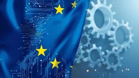 European union flag ai circuit patterns shadowy gears regulatory pause