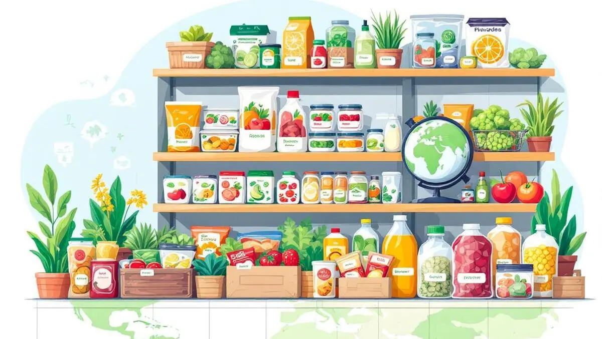 Illustration fresh packaged food multilingual labels shelves global reach food safety