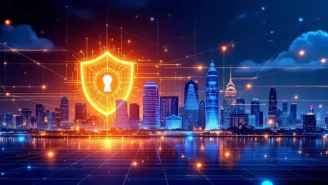 Indonesian city skyline cybersecurity protection finance government