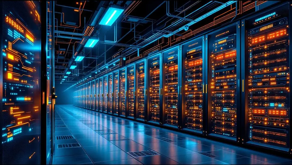 Modern data center server racks glowing servers network cables ai infrastructure