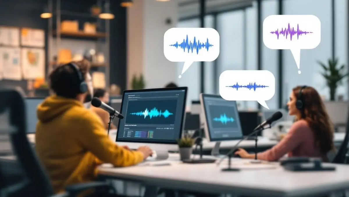 Modern office computers audio waveforms people speaking into microphones voice interactions