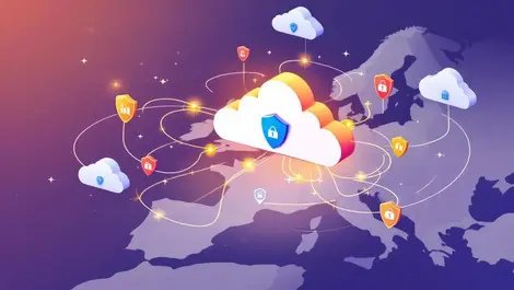 Secure digital cloud over europe map with protective shields and data streams symbolizing eu cloud security