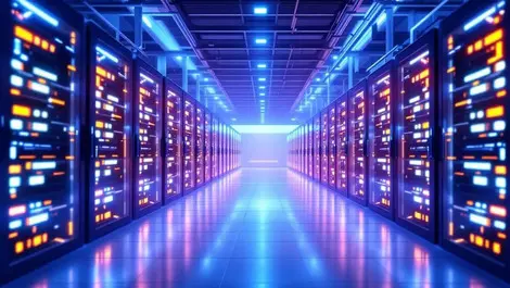 Realistic illustration large energy efficient data center glowing server racks