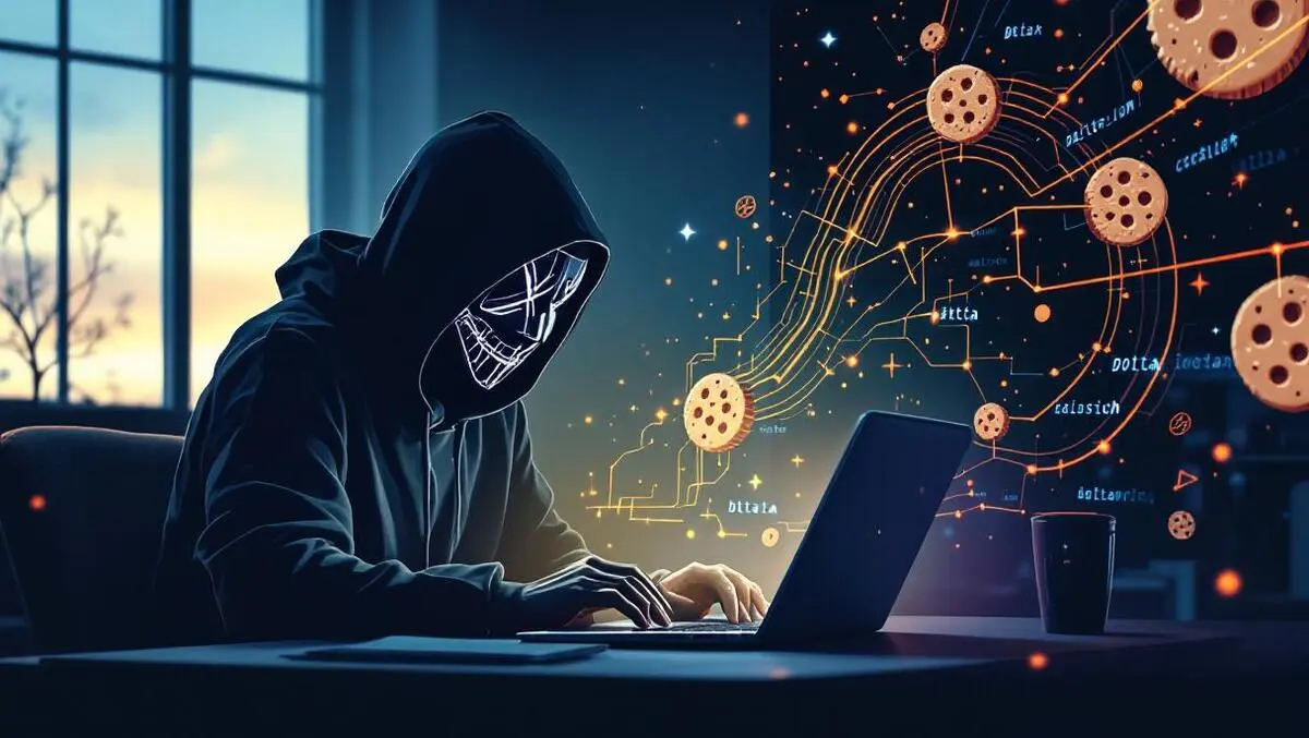 Masked figure using laptop dimly lit room glowing data lines cyber threats