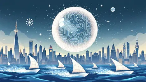 Ai market bubble over city with racing browser ships digital ocean