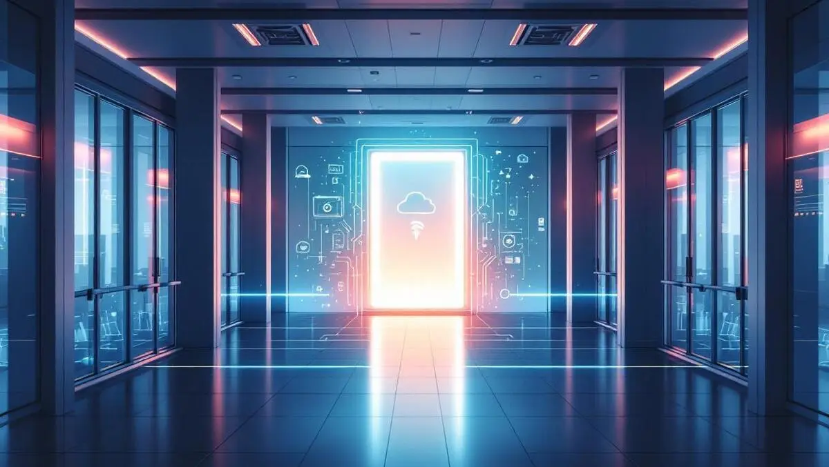 Modern office lobby digital portal linking ai cloud departments