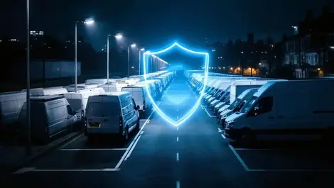 Uk fleet parking lot white vans night security cameras shield