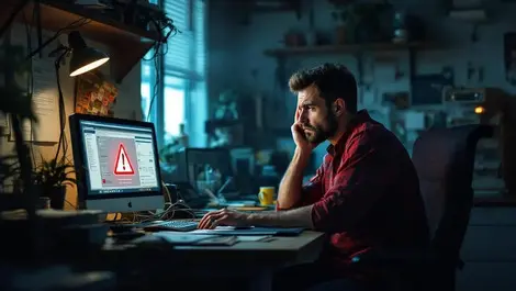 Worried small business owner at desk cyber attack warning office