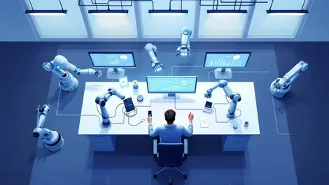 Overhead modern office ai automation hub with robots and dashboards