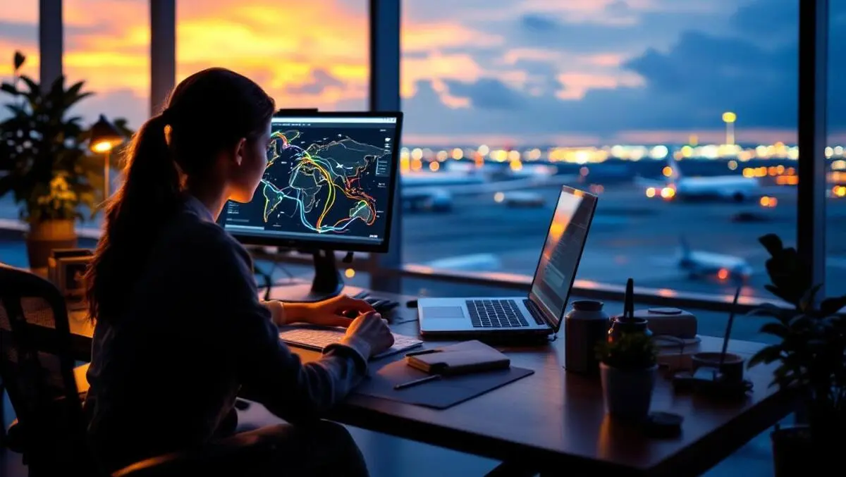 Traveler at modern desk with laptop and colorful flight route map